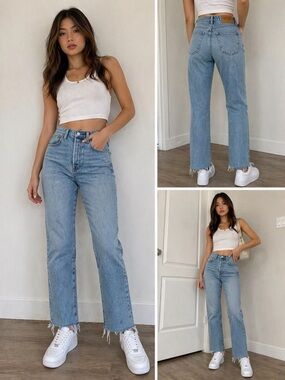 Denim Forum Arlo High Rise Straight Jeans Sz 25 Light Wash Aritzia Frayed Hem
